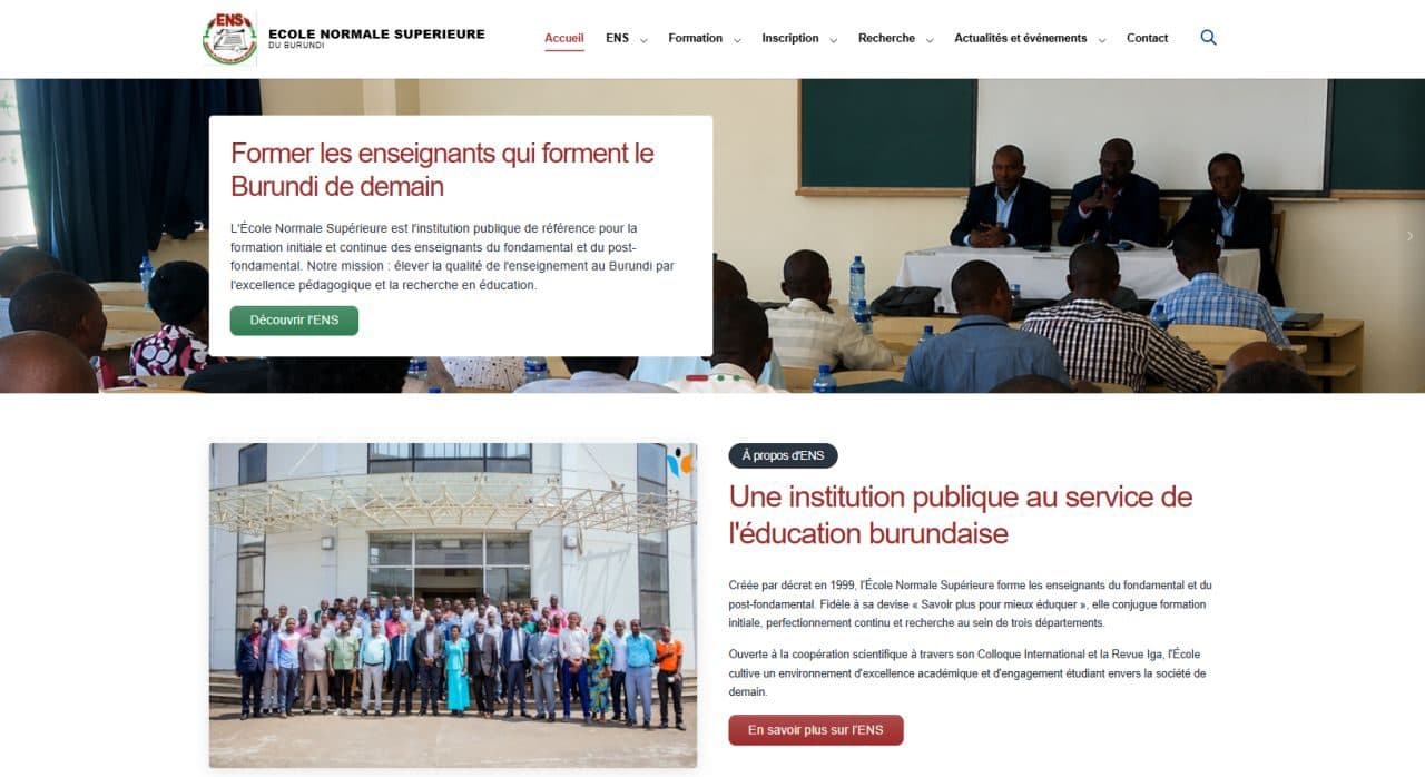 The new École Normale Supérieure du Burundi website built on the shared university design system.