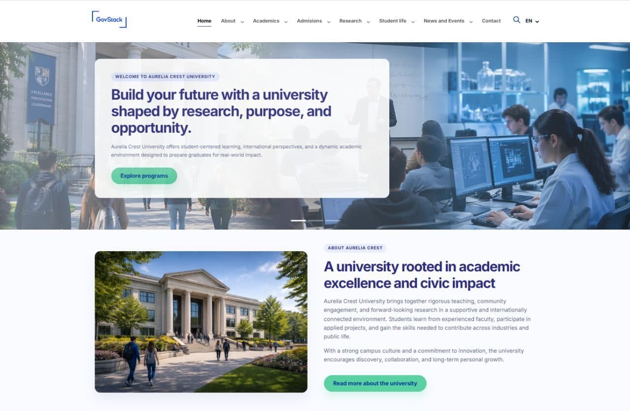 Page d'accueil d'une université construite sur le modèle de référence
