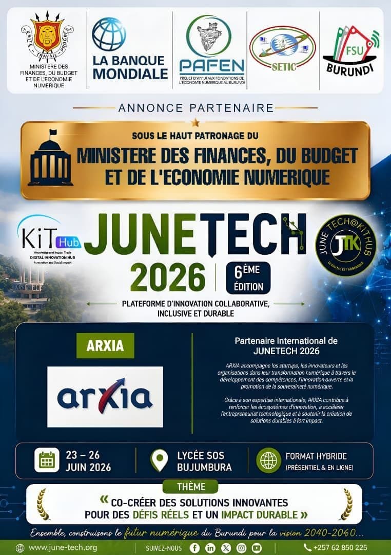 JUNETECH 2026 partner announcement naming Arxia as international partner, Bujumbura, 23–26 June 2026.