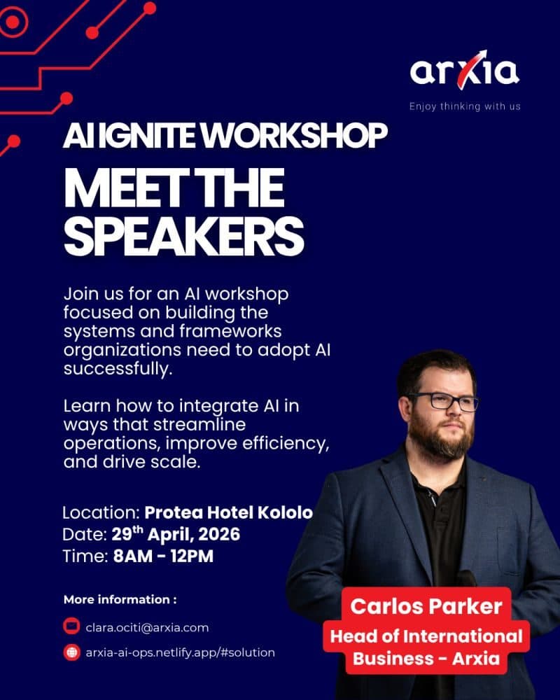 Tarjeta de orador del AI Ignite Workshop con Carlos Parker, director de Negocios Internacionales de Arxia, Protea Hotel Kololo, 29 de abril de 2026.
